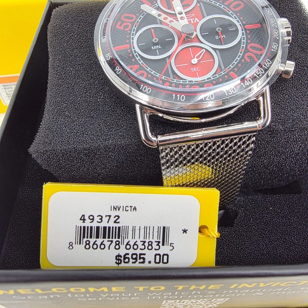 Invicta 49372 Mens Chronograph Watch Black Red Dial Silver Mesh Band New
